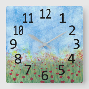 Red Poppies in Field Watercolor Painting Clocks