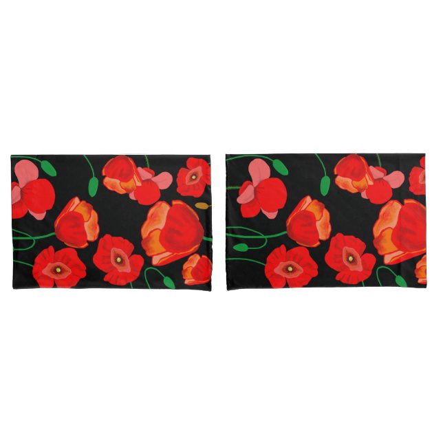 Red Poppies in Full Bloom Black Background Pillowcase (Front-Set)
