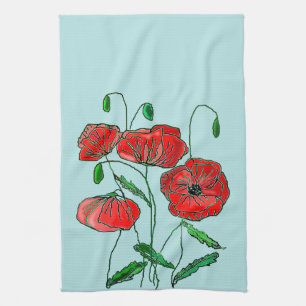 Red Poppies Kitchen Towel - Choose Colours