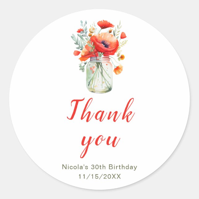 Red Poppies Mason Jar Birthday Classic Round Sticker (Front)