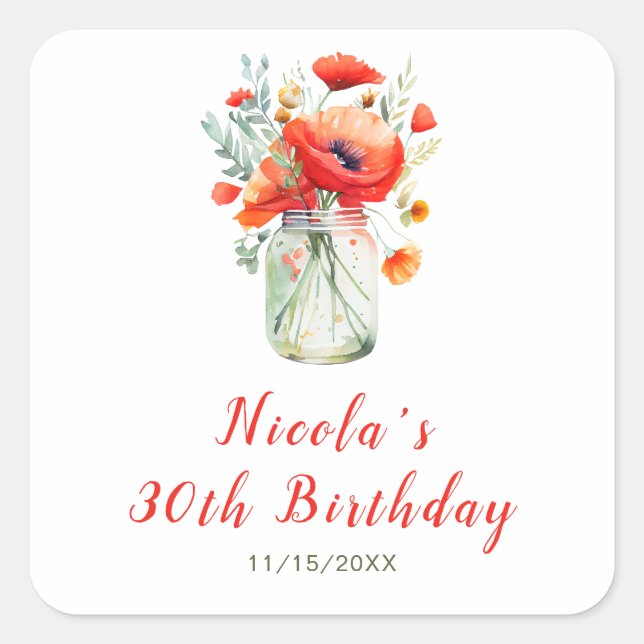 Red Poppies Mason Jar Birthday Square Sticker (Front)