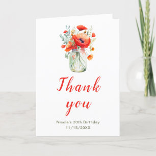Red Poppies Mason Jar Birthday Thank You Card