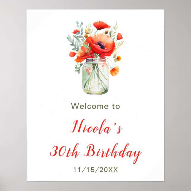 Red Poppies Mason Jar Birthday Welcome Poster (Front)