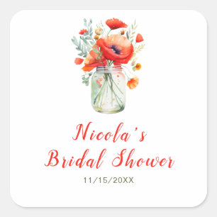 Red Poppies Mason Jar Bridal Shower Square Sticker
