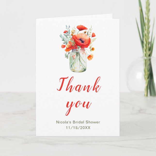 Red Poppies Mason Jar Bridal Shower Thank You Card (Front)
