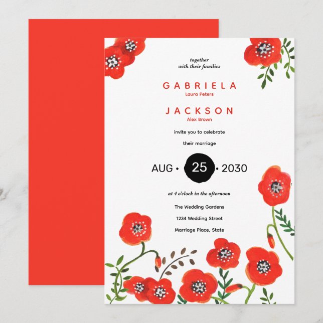 red poppies modern floral wedding  invitation (Front/Back)