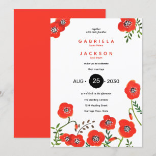 red poppies modern floral wedding  invitation