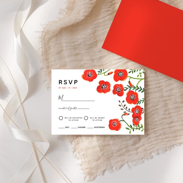 Red poppies modern floral wedding RSVP Card (Red poppies modern floral wedding RSVP Card)