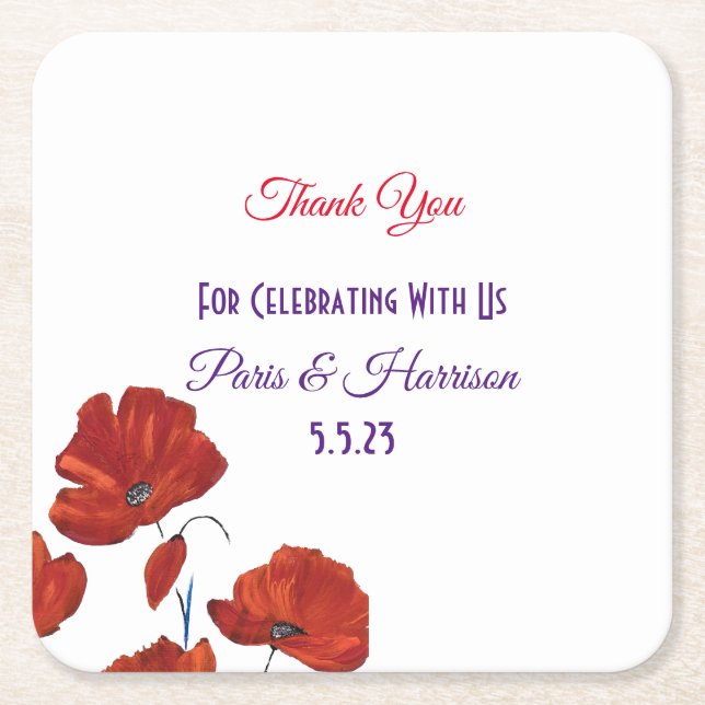 Red Poppies Modern Wedding   Square Paper Coaster (Front)