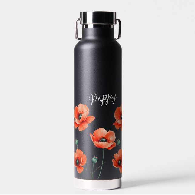 Red Poppies Name Floral Thermal Water Bottle (Front)