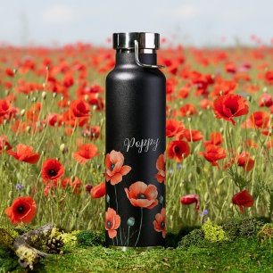 Red Poppies Name Floral Thermal Water Bottle