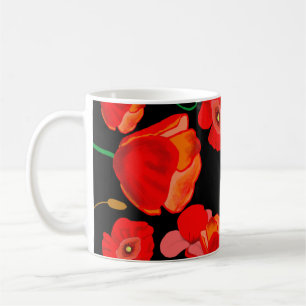 Red poppies on black background illustration  coffee mug