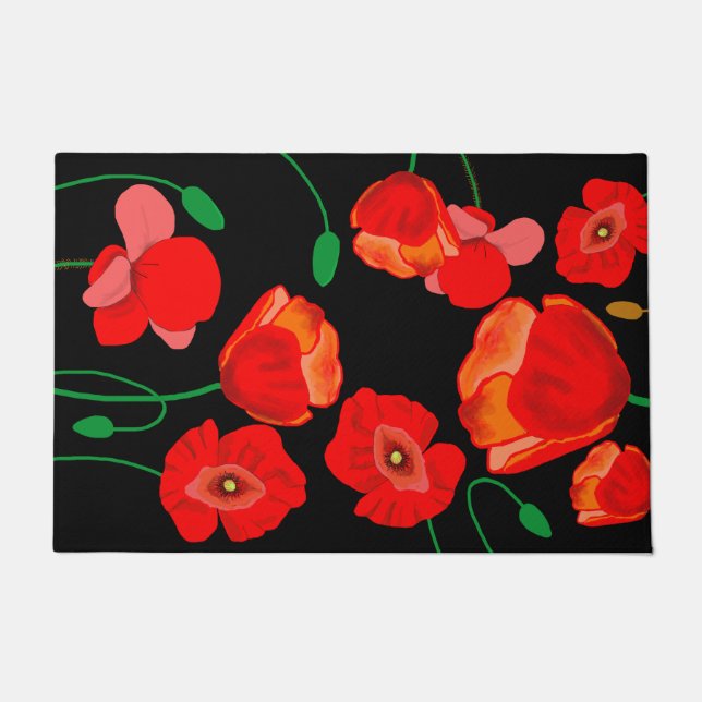 Red poppies on black background illustration  doormat (Front)