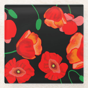 Red poppies on black background illustration  glass coaster