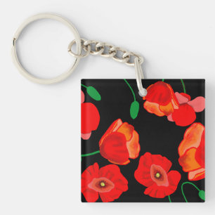 Red poppies on black background illustration  key ring