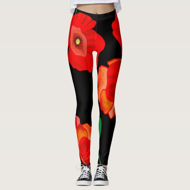 Red poppies on black background illustration  leggings (Front)