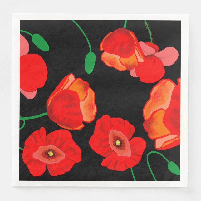 Red poppies on black background illustration  napkin (Front)