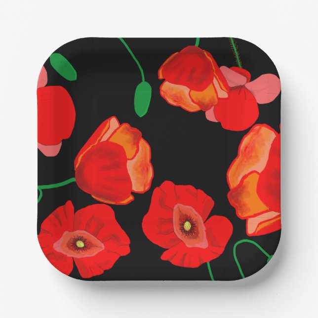 Red poppies on black background illustration  paper plate (Front)