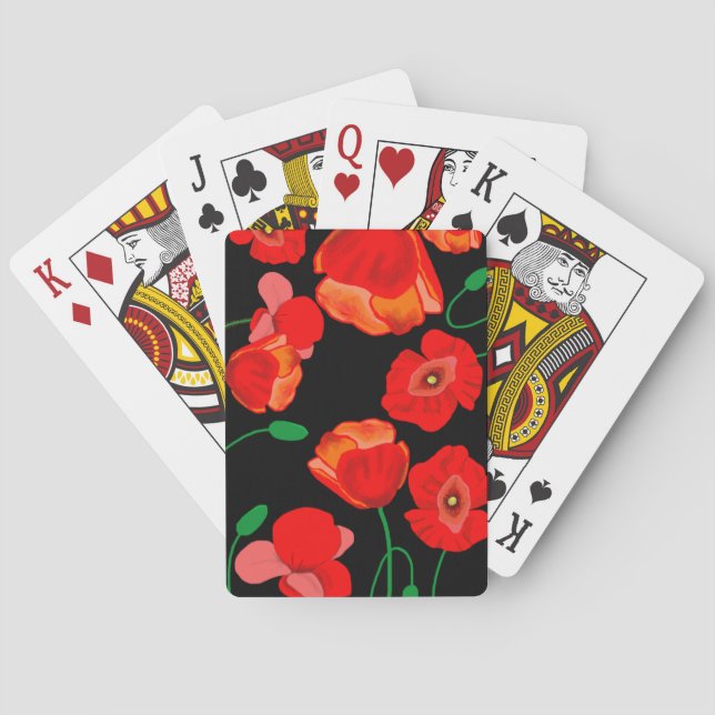 Red poppies on black background illustration  playing cards (Back)
