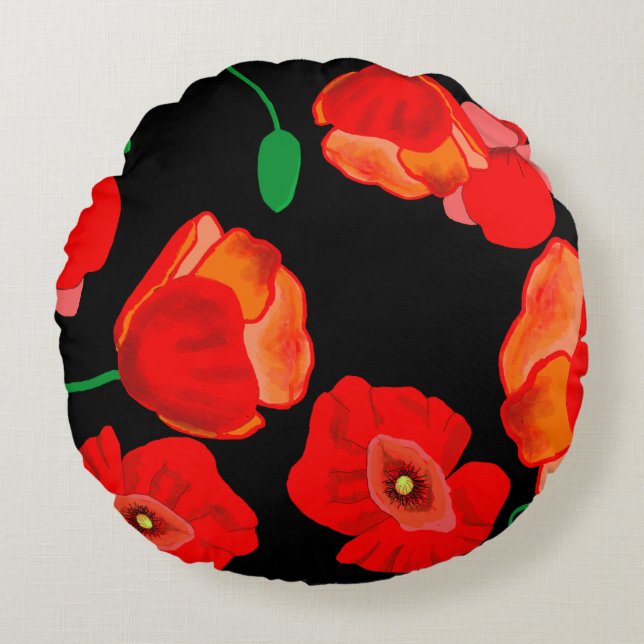 Red poppies on black background illustration  round cushion (Front)
