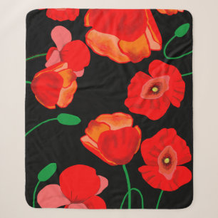 Red poppies on black background illustration sherpa blanket