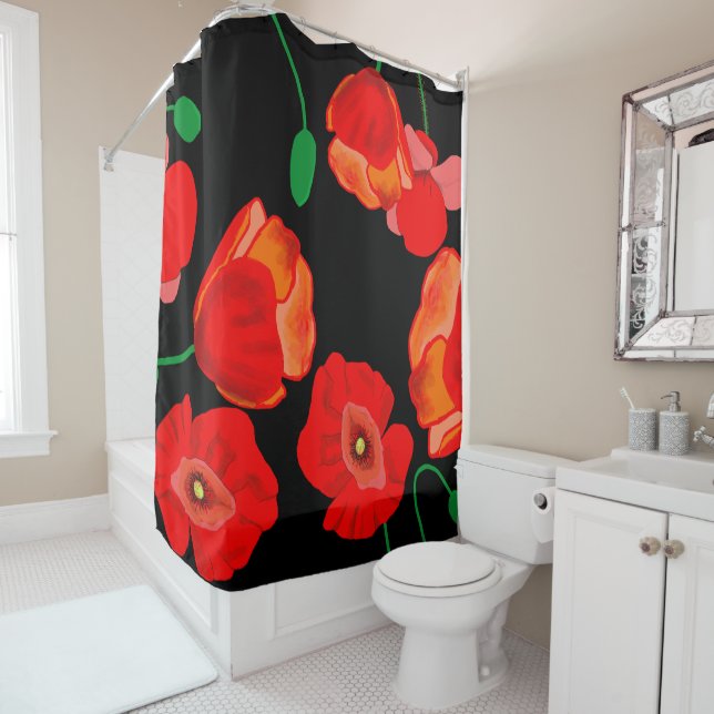 Red poppies on black background illustration  shower curtain (In Situ)