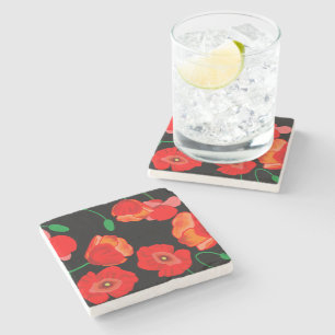 Red poppies on black background illustration  stone coaster