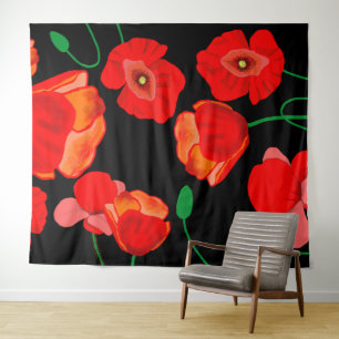 Red poppies on black background illustration tapestry