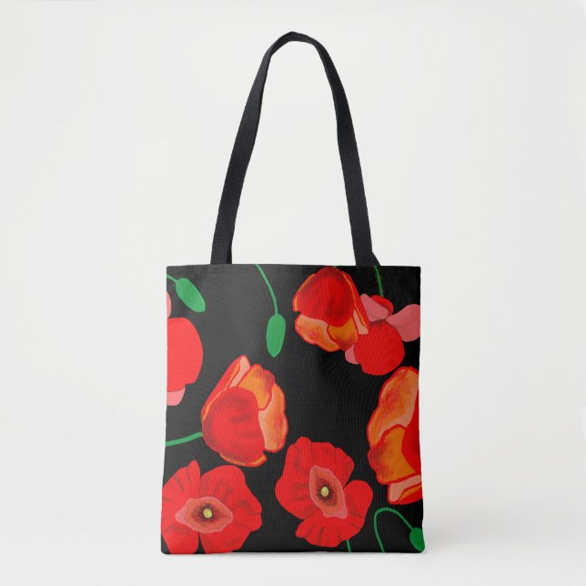 Red poppies on black background illustration  tote bag (Front)
