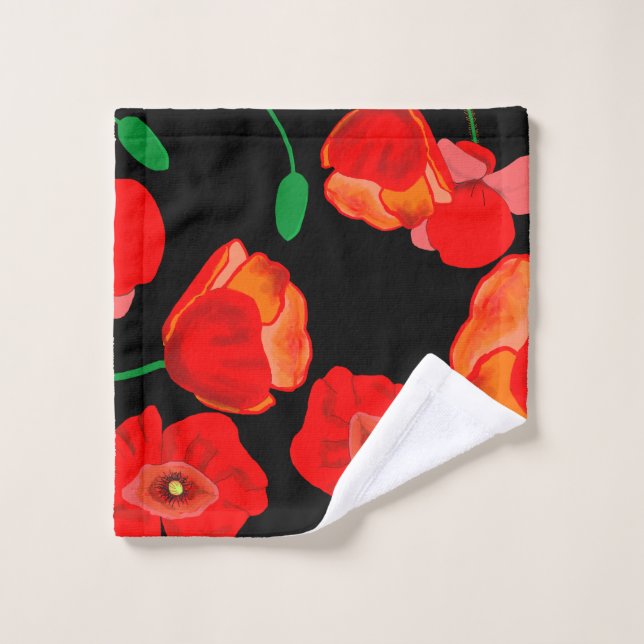 Red poppies on black background illustration  wash cloth (Wash Cloth)