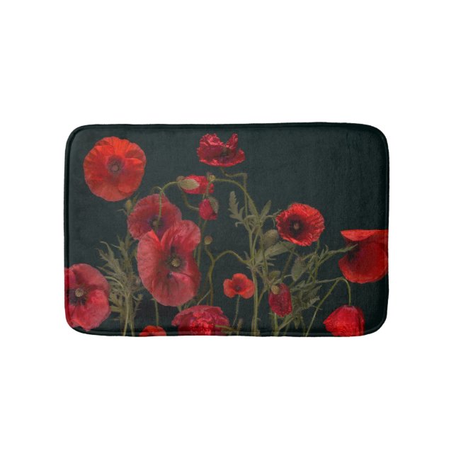 Red Poppies On Black Bath Mat (Front)
