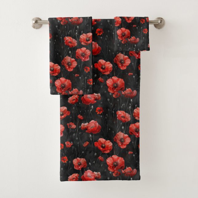 Red poppies on black bath towel set (Insitu)