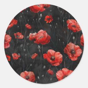 Red poppies on black classic round sticker