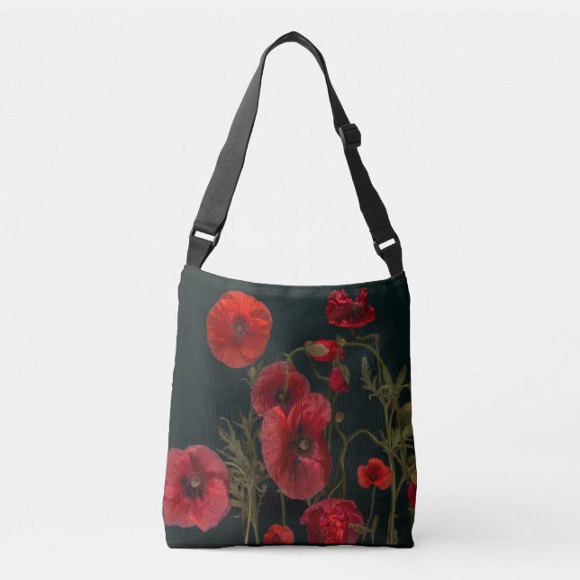 Red Poppies On Black Crossbody Bag (Front)