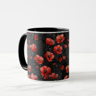 Red poppies on black mug