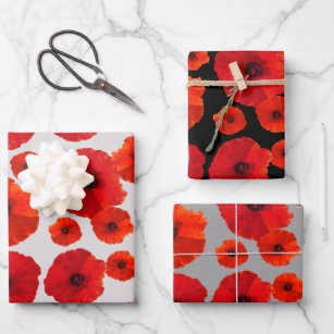 Red Poppies on Black n Grey  Wrapping Paper Sheet