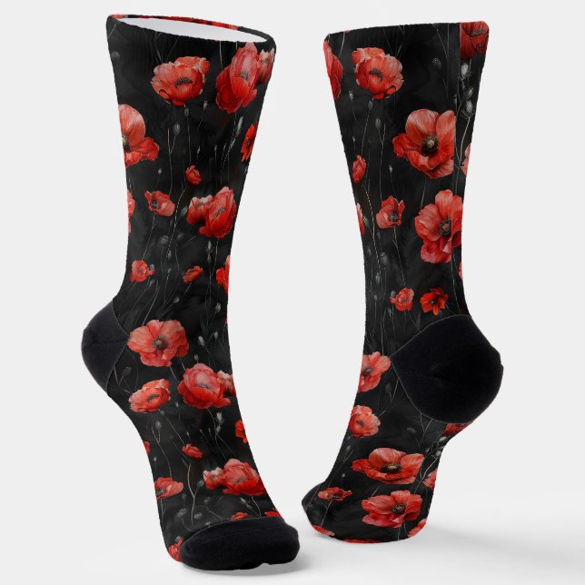 Red poppies on black socks (Angled)