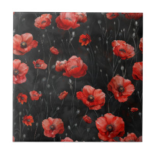 Red poppies on black tile