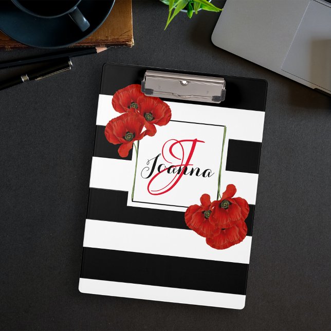 Red Poppies on Black & White Striped Background Clipboard (Creator Uploaded)