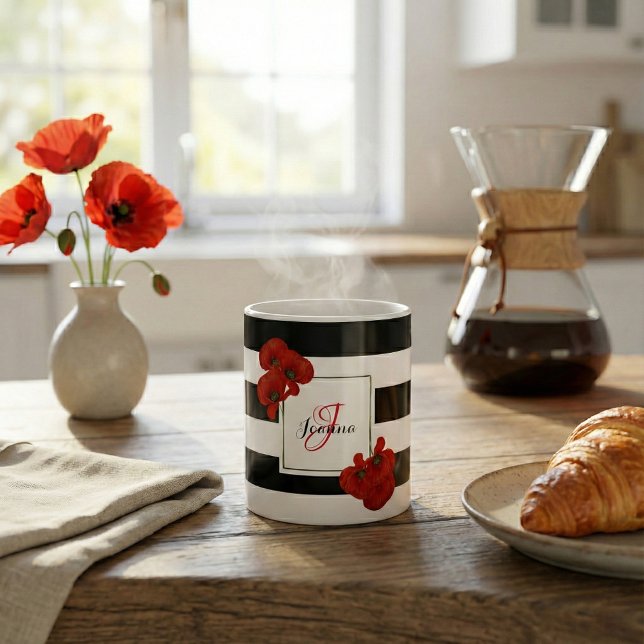 Red Poppies on Black & White Striped Background Coffee Mug (Creator Uploaded)