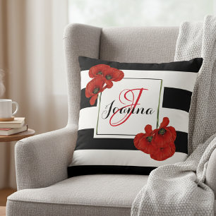 Red Poppies on Black & White Striped Background Cushion