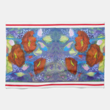 Red Poppies on Blue Kitchen Towel