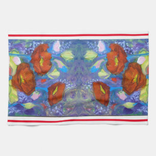 Red Poppies on Blue Kitchen Towel