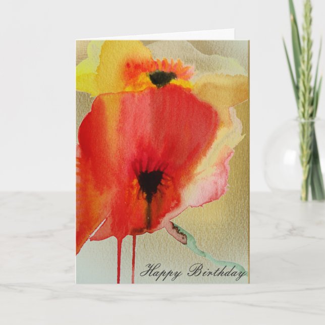 Red Poppies on gold modern floral art birthday Card (Front)