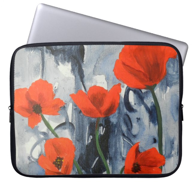 Red Poppies on Grey Laptop Sleeve (Front)
