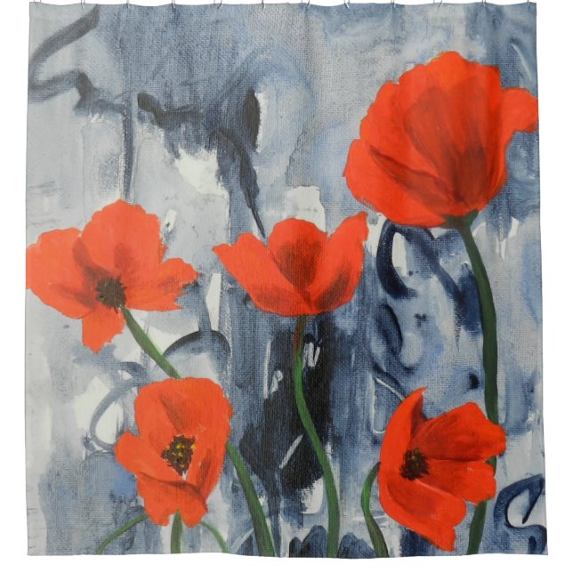 Red Poppies on Grey Shower Curtain (Front)