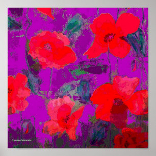 red poppies on purple background poster