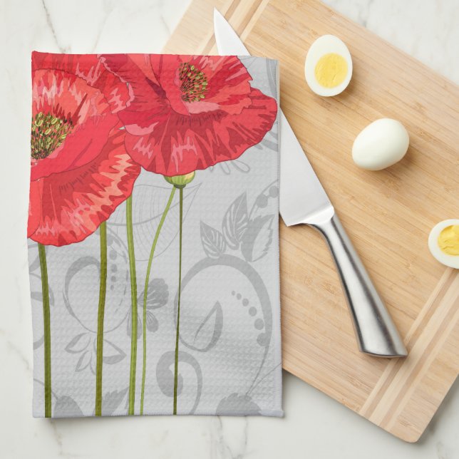 Red Poppies on Whimsical Grey Floral Tea Towel (Quarter Fold)