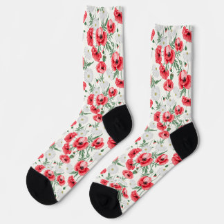 Red poppies on white, floral socks