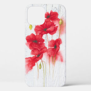 red poppies on whitewashed wood iPhone 12 case